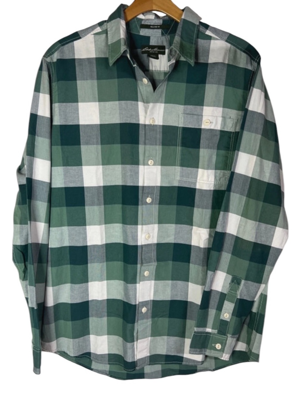 Eddie Bauer Relaxed Fit Green Plaid 100% Cotton Mens XLT